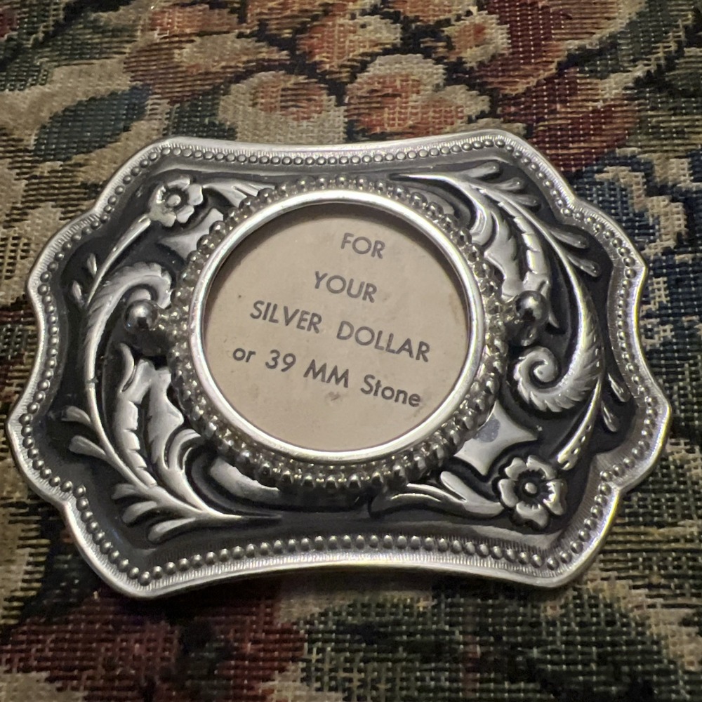 VTG Floral Art Silver Metal Belt Buckle 39x40mm Gemstone Holder Classic